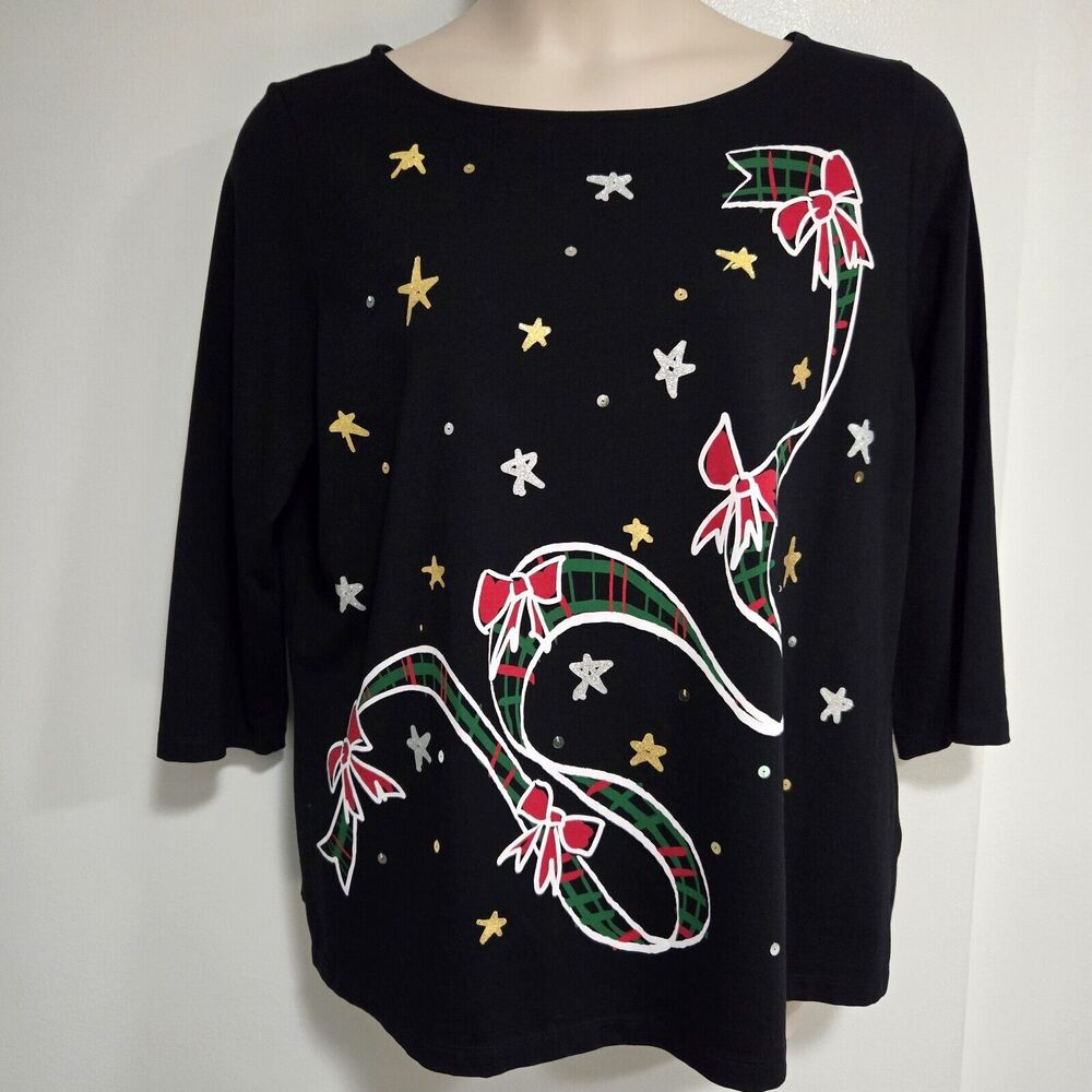 Ruby Rd. Plus Size 1X Black‎ Holiday Ribbon Bows Stars Top